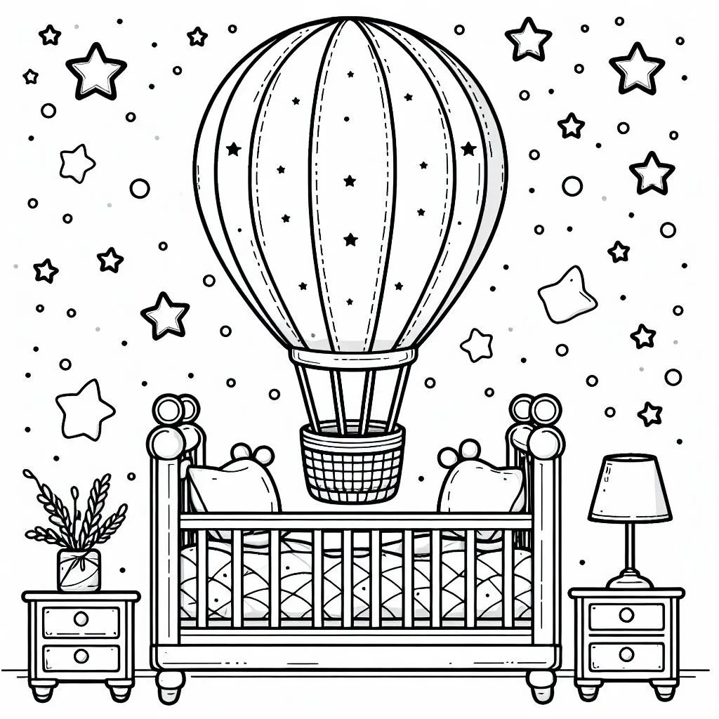 A Hot Air Balloon Near a Bed 🎈🛏️ Coloring Page