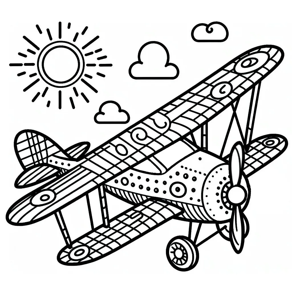 Airplane Flying with Sun and Clouds 🛩️☀️☁️ Coloring Page