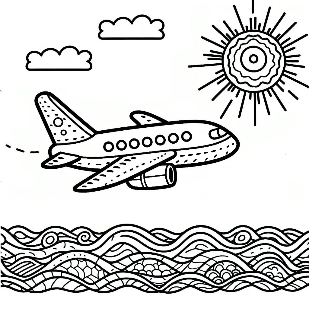 Airplane Flying above the Sea with Sun and Clouds 🛩️🌊☀️☁️ Coloring Page