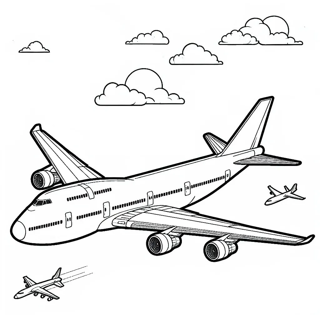 Boeing 747 Airplane ✈ with 2 Other Planes and Clouds 🛩️✈️☁️ Coloring Page