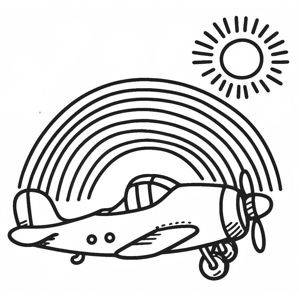 Airplane Flying with Sun and Rainbow 🛩️☀️🌈 Coloring Page
