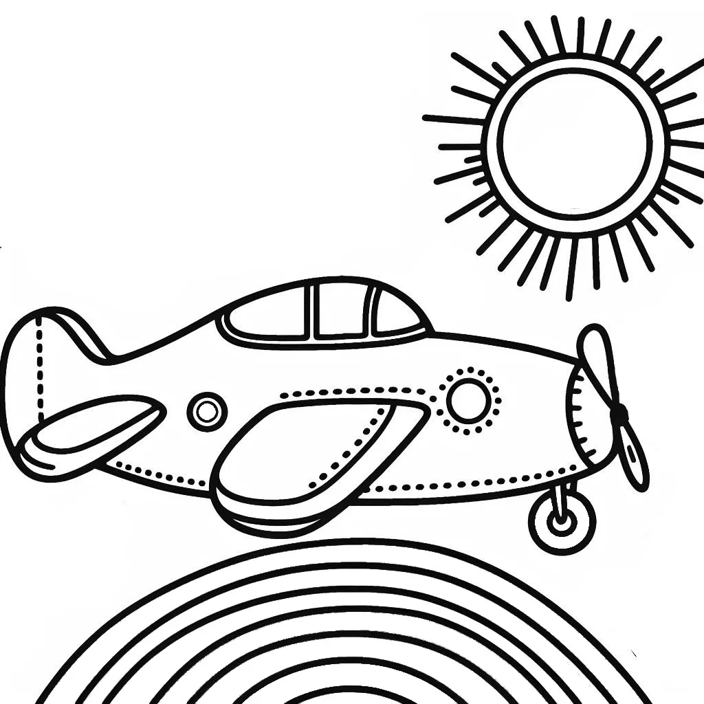 Airplane Flying with Sun and Rainbow 🛩️☀️🌈 Coloring Page