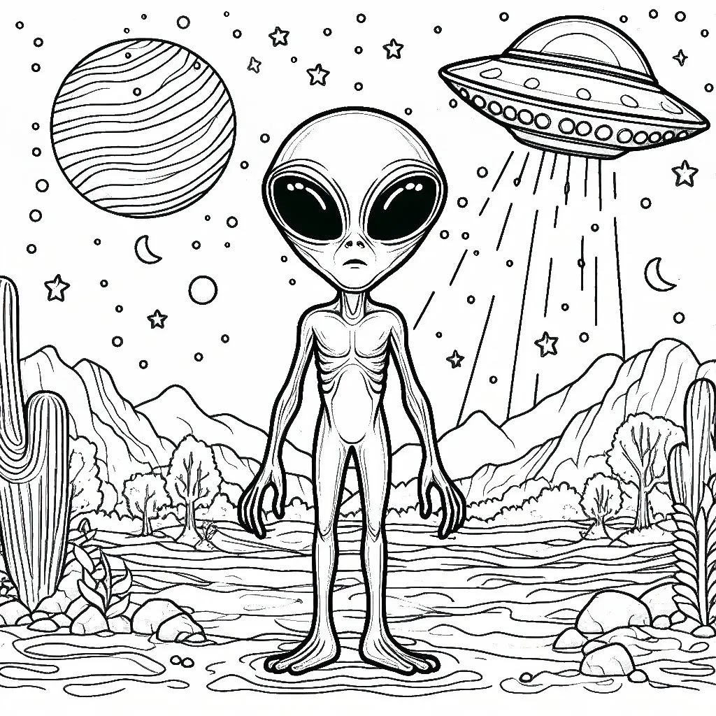 Alien on Planet with Space Ship 👽🪐🚀 Coloring Page