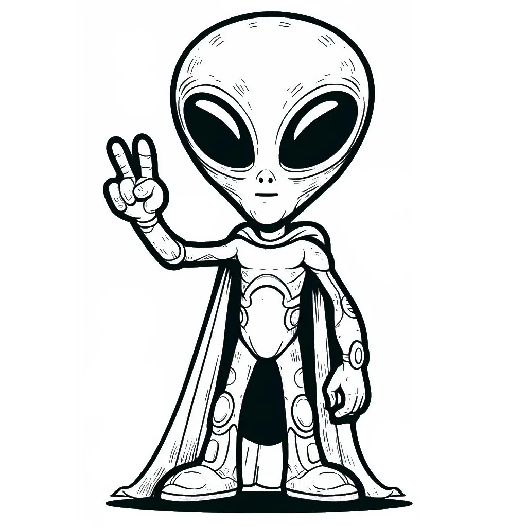 Alien Showing Peace Sign 👽✌️ Coloring Page