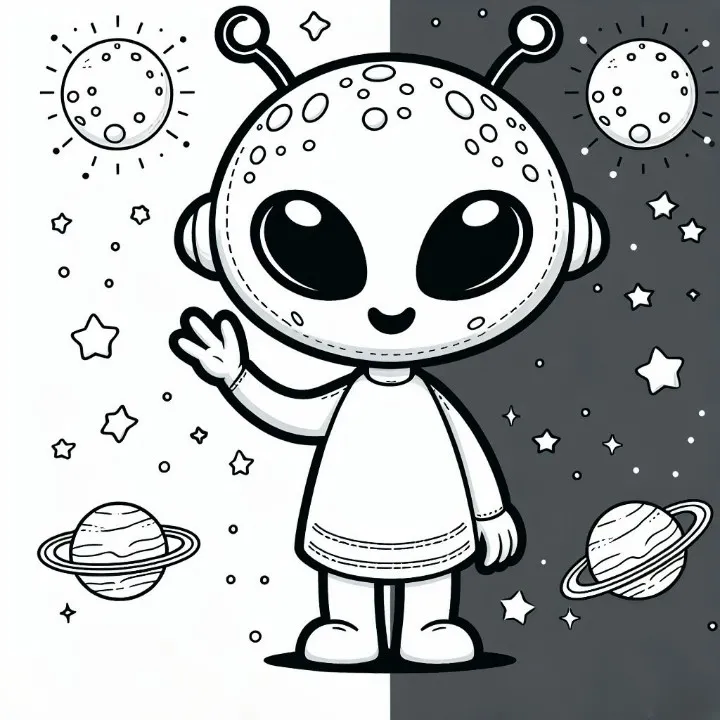 Alien with Planets and Stars 👽🌌⭐ Coloring Page