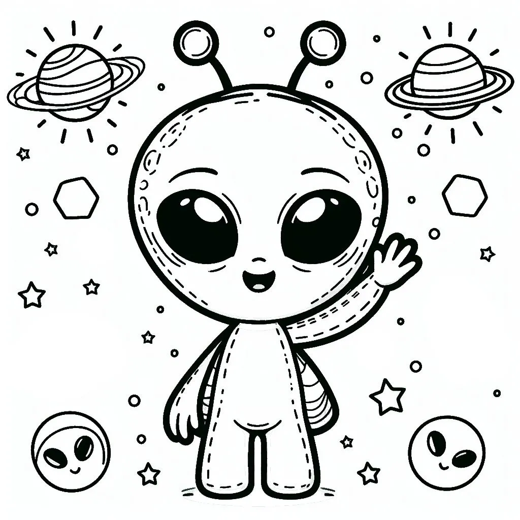 Alien with Planets and Stars 👽🌌⭐ Coloring Page