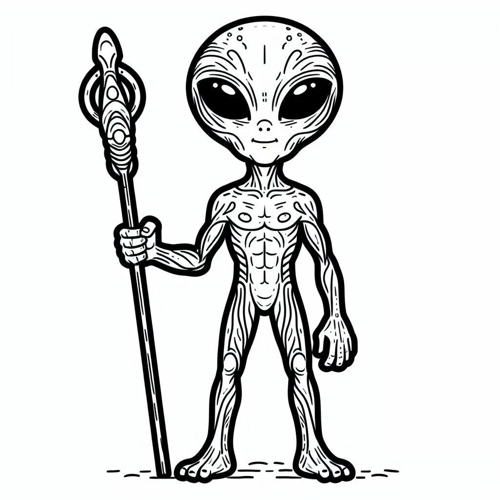 Alien with Scepter 👽👑 Coloring Page
