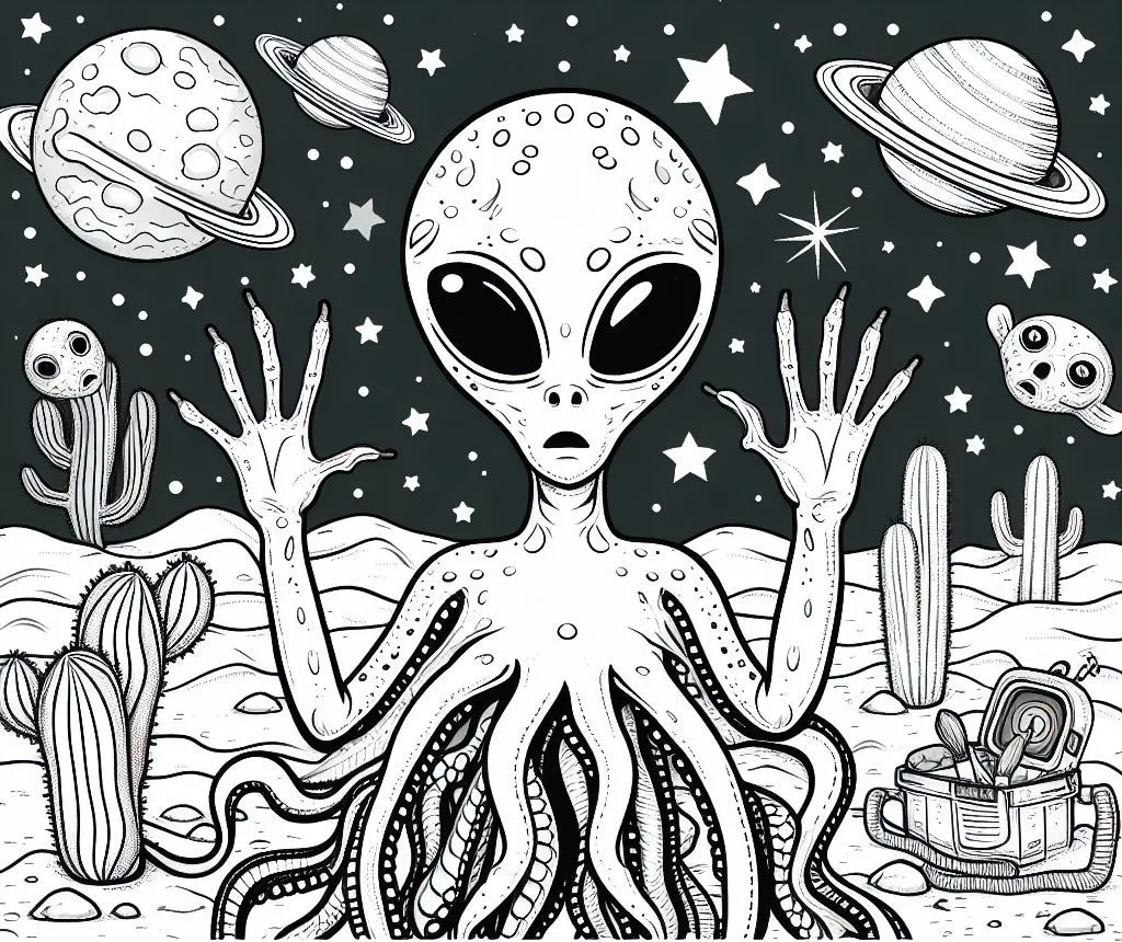 Alien with Tentacles on Strange Planet 👽🌀🪐 Coloring Page
