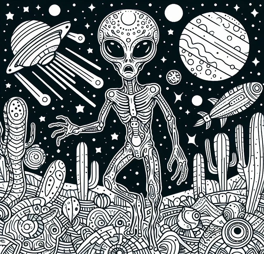 Alien with Tentacles on Strange Planet 👽🌀🪐 Coloring Page