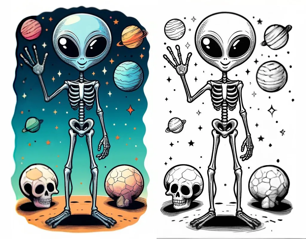 Alien Waving with Planets and Skull 👽🌌💀 Coloring Page