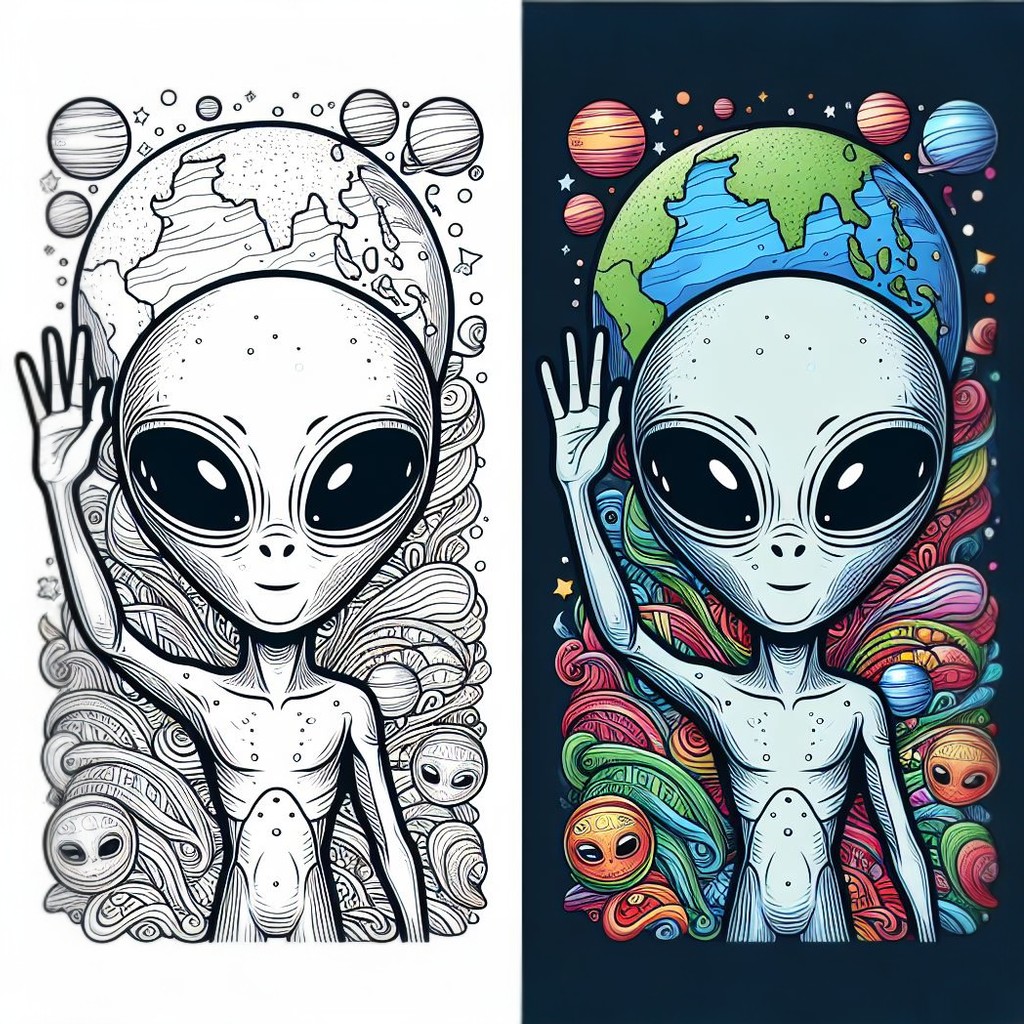 Alien Waving with Planet Earth in Background 👽🌏 Coloring Page