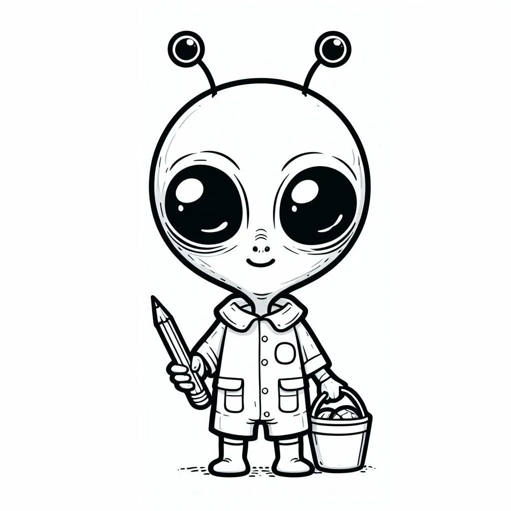 Alien with Pencil 👽✏️ Coloring Page