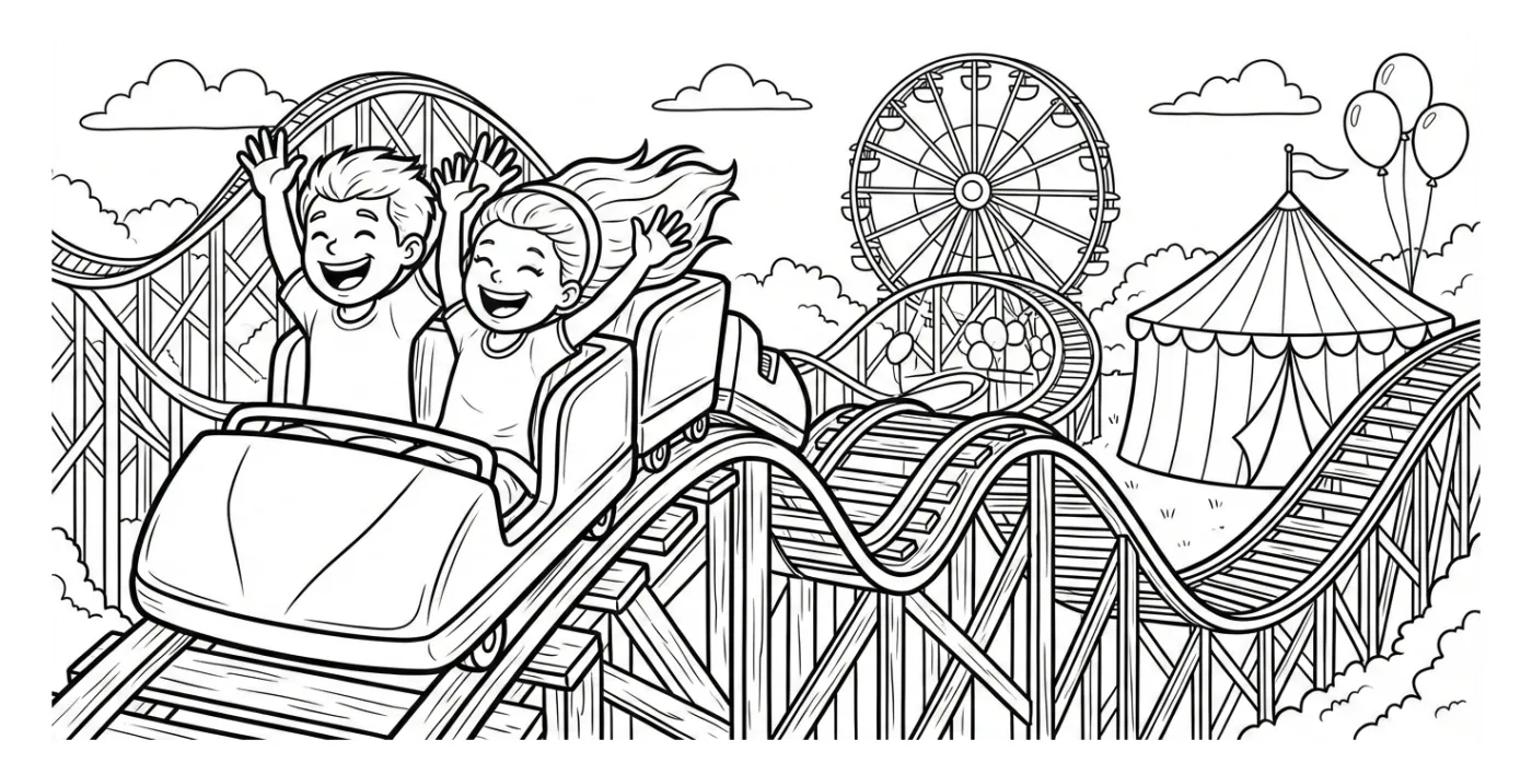 Thrilling Roller Coaster Ride with Friends at the Amusement Park 🎢🎡🎈 Coloring Page