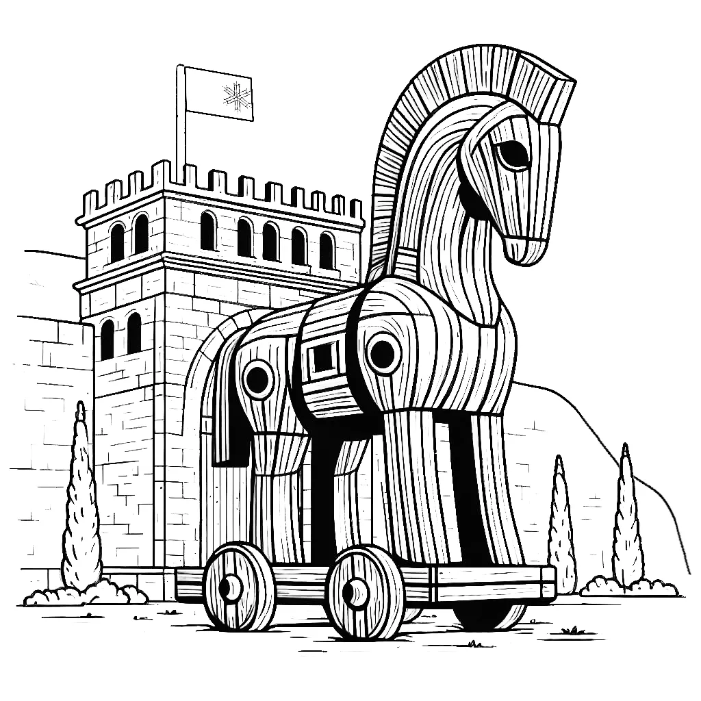 Ancient Greece Trojan Horse Standing in Front of Gates of Troy 🏛️🐴 Coloring Page