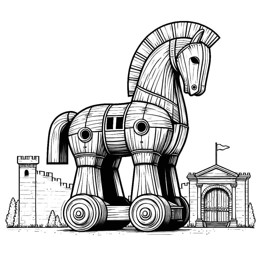 Ancient Greece Trojan Horse Standing in Front of Gates of Troy 🏛️🐴 Coloring Page