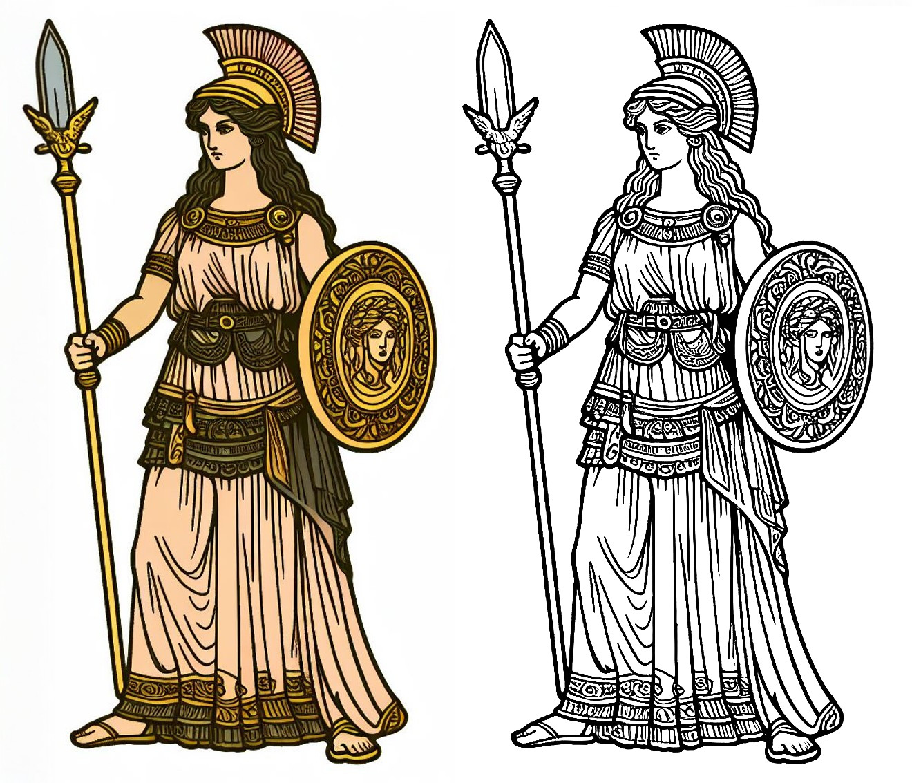 Athena Greek Goddess with Lance and Round Shield ⚔️🛡️ Coloring Page