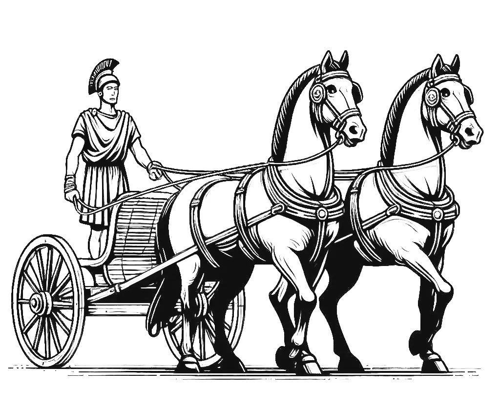 Ancient Roman Biga Chariot Pulled by 2 Horses with Man Standing Holding Reins in Hands 🐴🏛️ Coloring Page