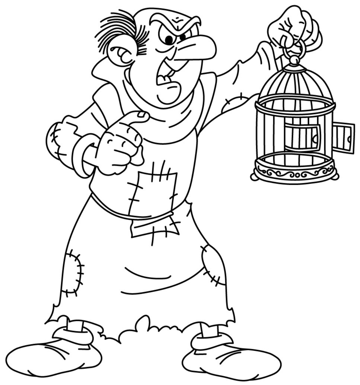 Angry Gargamel with Birdcage and Fist Raised 🧙‍♂️🐦💢 Coloring Page