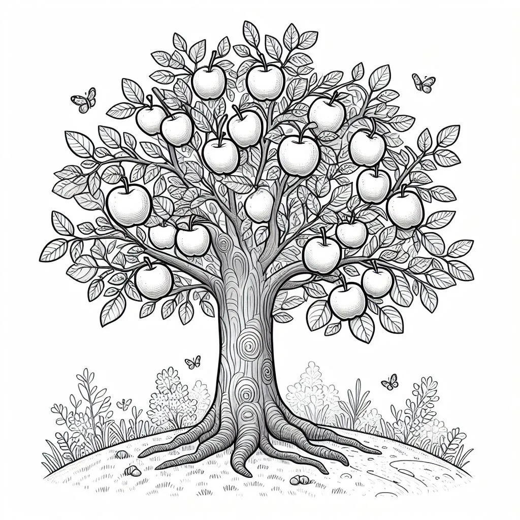 Apple 🍎 Tree in Summer with Apples 🌳🍎🌞 Coloring Page