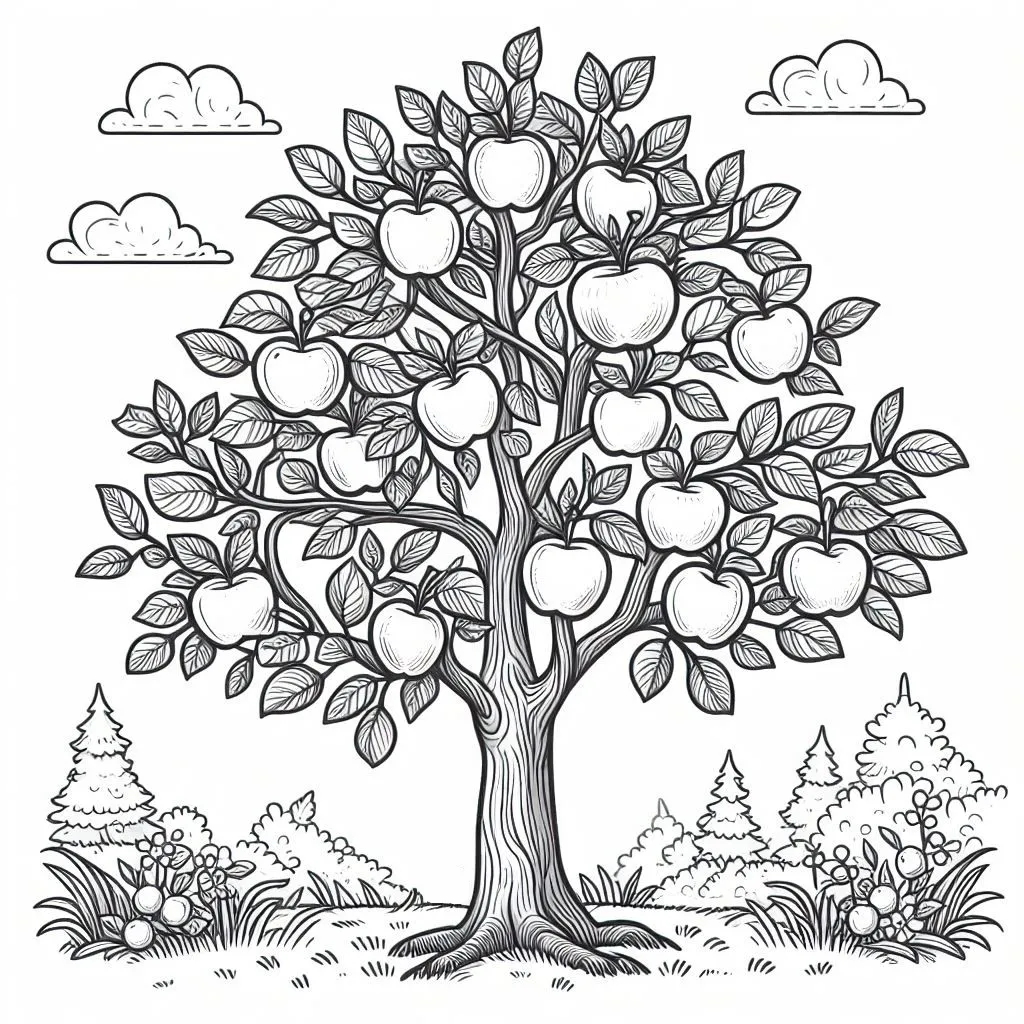 Apple 🍎 Tree in Summer with Apples 🌳🍎🌞 Coloring Page