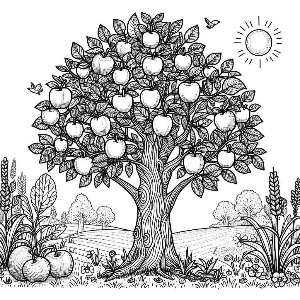 Apple 🍎 Tree in Summer with Apples 🌳🍎🌞 Coloring Page
