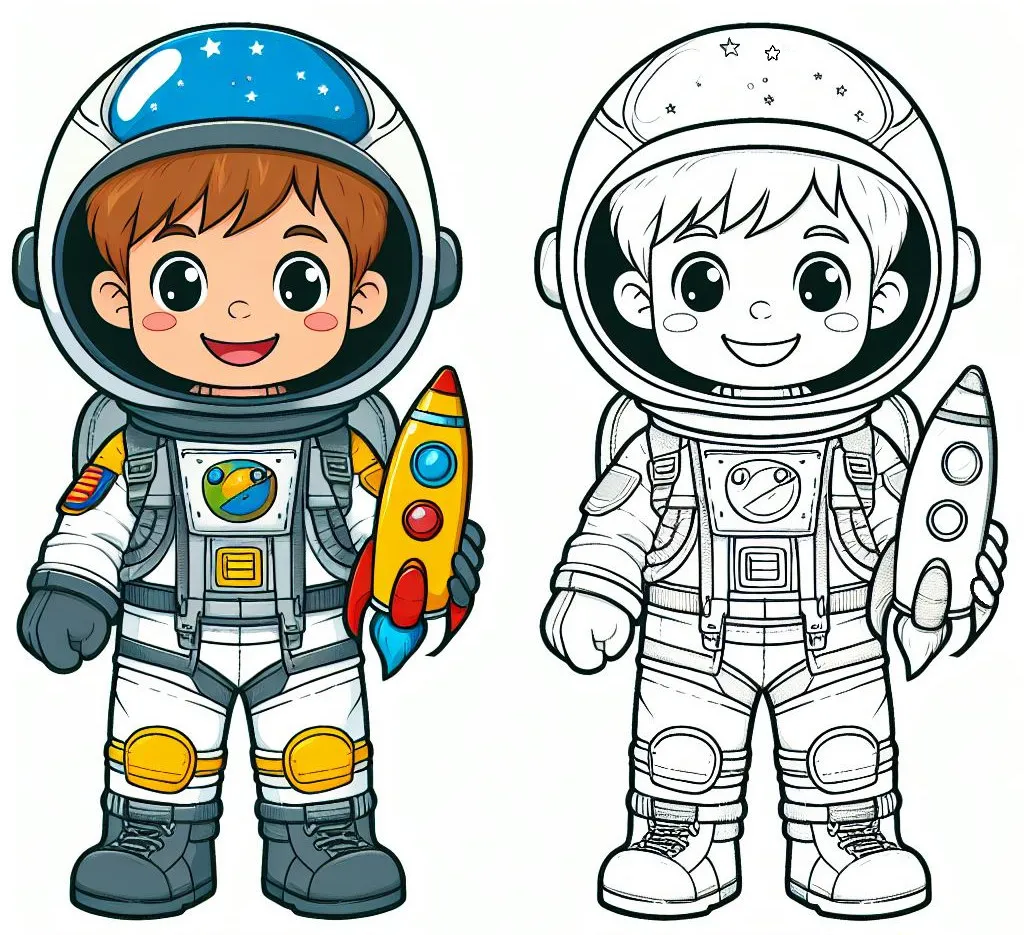 Boy Dressed as Astronaut in Suit Smiling and Holding Toy Rocket 🌌🚀👨‍🚀 Coloring Page