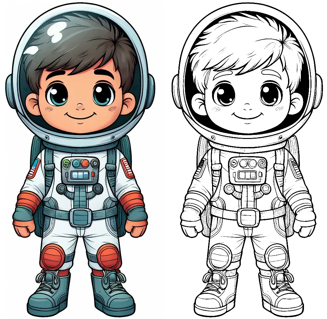 Boy Dressed as Astronaut in Suit Smiling 🌌🚀👨‍🚀 Coloring Page