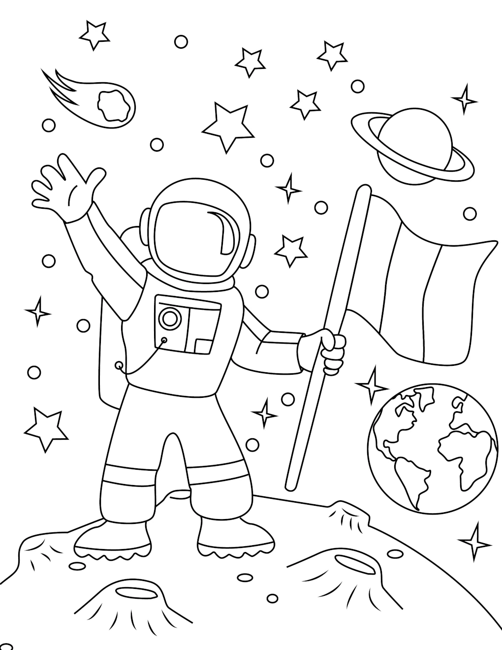 Astronaut Standing on the Moon Waving and Holding a Flag 🌕🚀⭐ Coloring Page