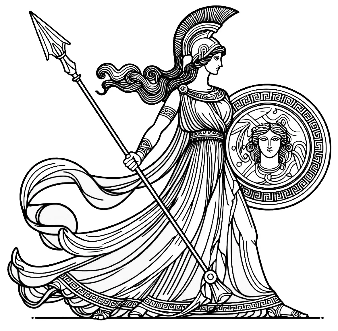 Athena Greek Goddess with Lance and Aegis Round Shield 🌟🛡️ Coloring Page