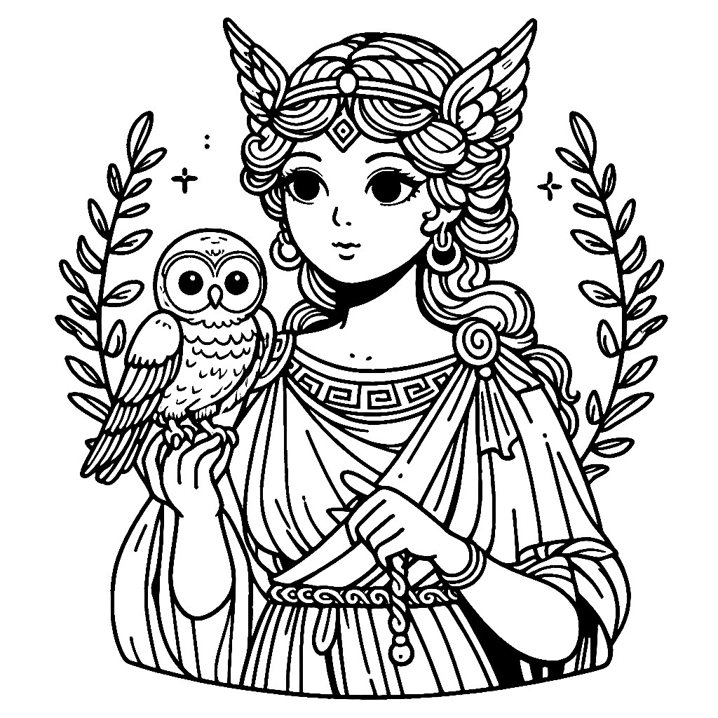 Athena Greek Goddess with Cute Owl 🎨🦉 🎨🦉 Coloring Page