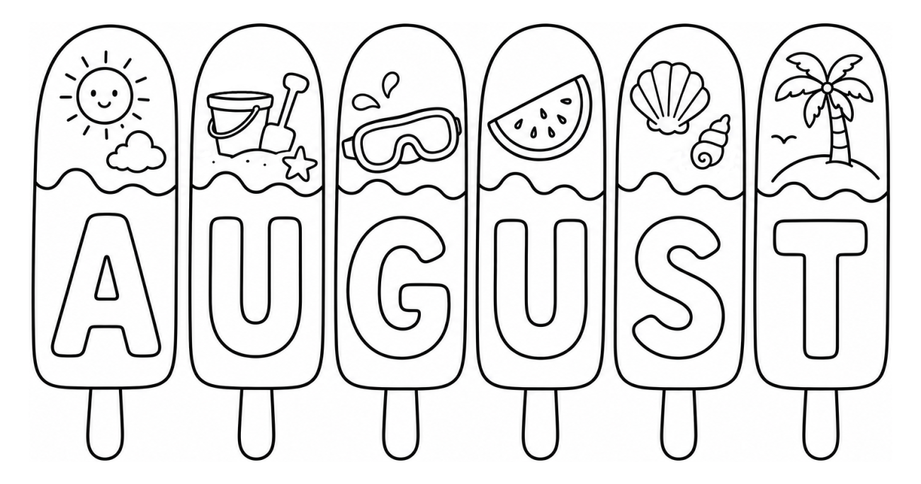 August Summer Popsicles Fun ☀️🍉🏝️ Coloring Page