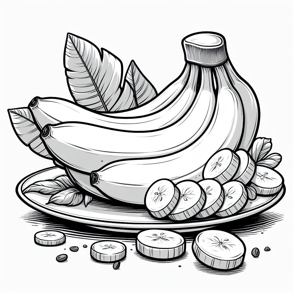 Bananas on a Plate with Banana Slices 🍌🍽️ Coloring Page