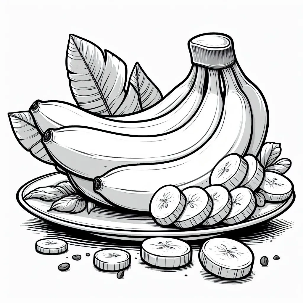 Bananas on a Plate with Banana Slices 🍌🍽️ Coloring Page