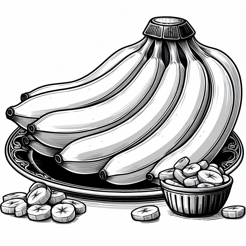 Bananas on Plate with Slices 🍌🍽️ Coloring Page