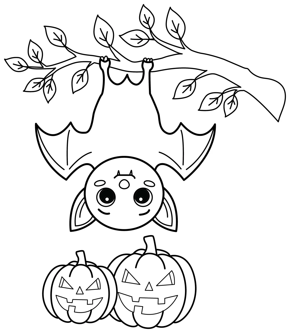 A playful bat hanging upside down from a branch above two smiling jack-o