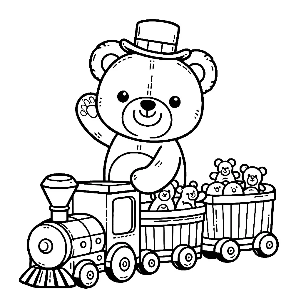 Teddy Bear with Toy Train Carrying Little Bears 🧸🚂📦🐻🎩 Coloring Page