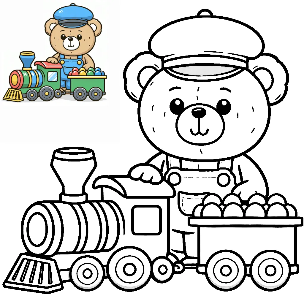 Teddy Bear with Toy Train Carrying Load 🧸🚂📦 Coloring Page