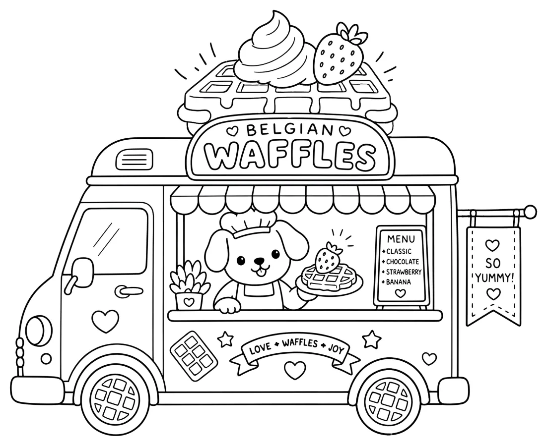 Belgian Waffles Food Truck with a Friendly Dog 🍴🐶🧁 Coloring Page