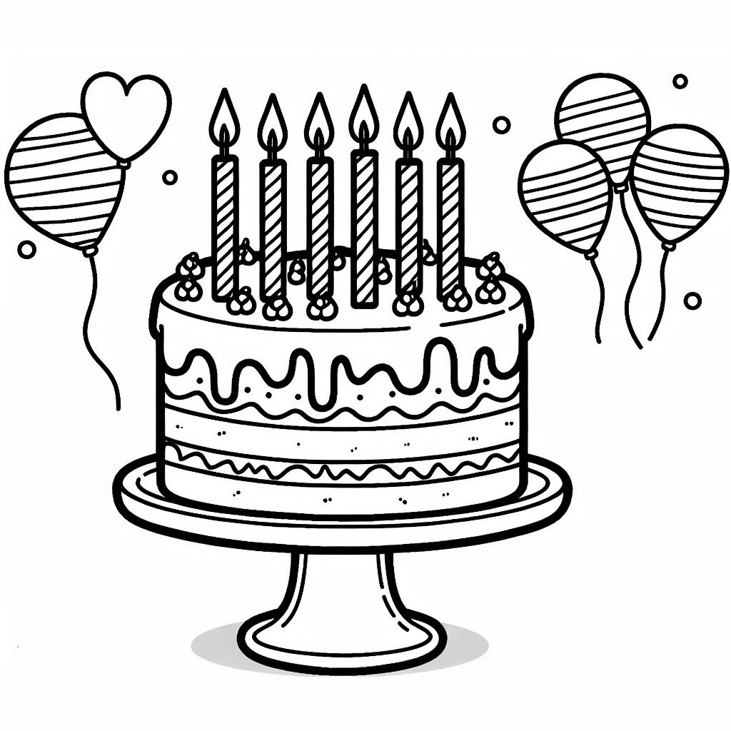 Birthday Cake with 6 Candles and Balloons 🎂🕯️🎈 Coloring Page