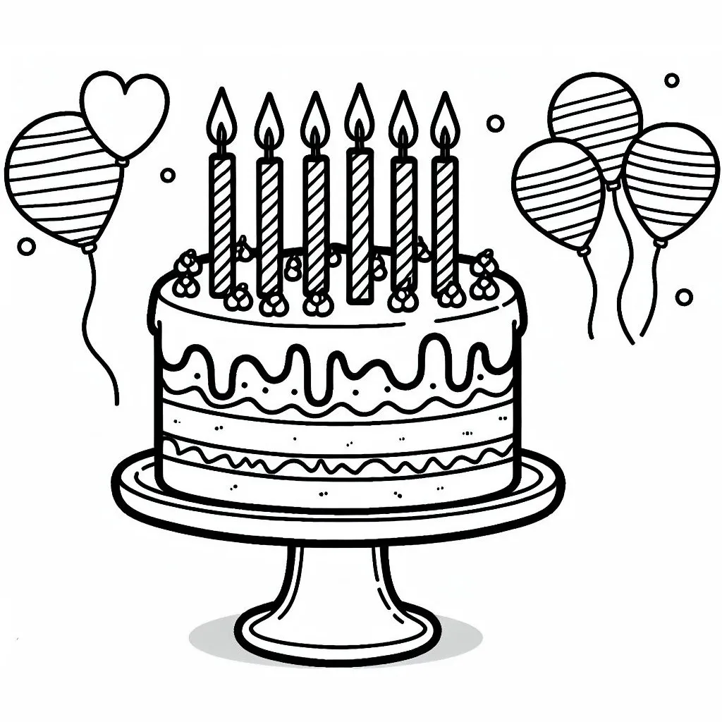 Birthday Cake with 6 Candles and Balloons 🎂🕯️🎈 Coloring Page