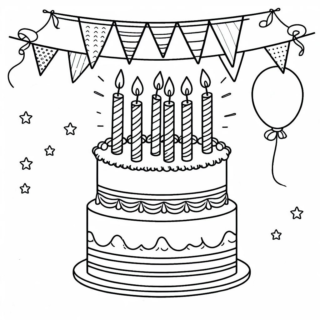 Birthday Cake with 6 Candles, Flags, and a Balloon 🎂🕯️🎏🎈 Coloring Page