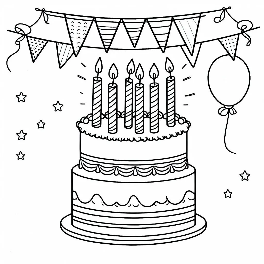 Birthday Cake with 6 Candles, Flags, and a Balloon 🎂🕯️🎏🎈 Coloring Page