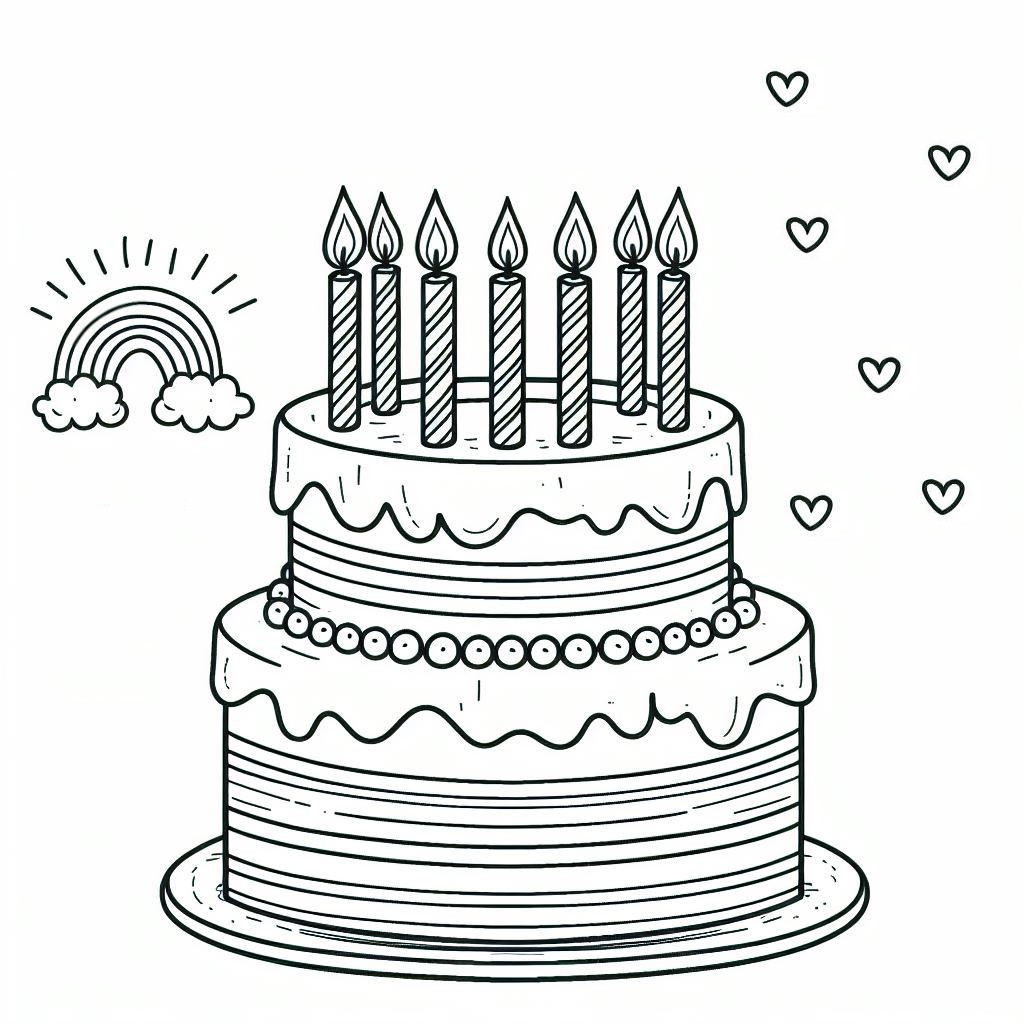 Birthday Cake with 7 Candles, a Rainbow, and Hearts 🎂🕯️🌈❤️ Coloring Page