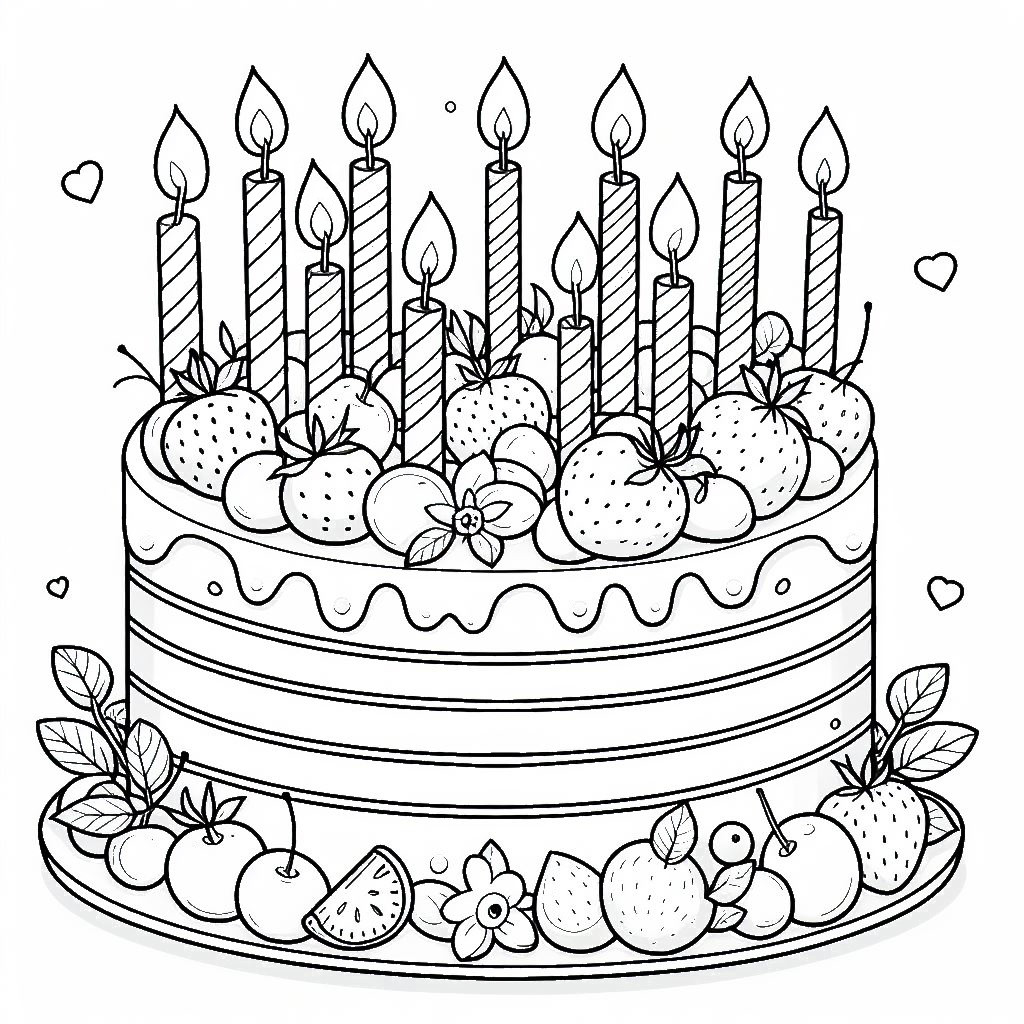 Birthday Cake with Fruits and Candles 🎂🕯️🍓🍍🥝 Coloring Page
