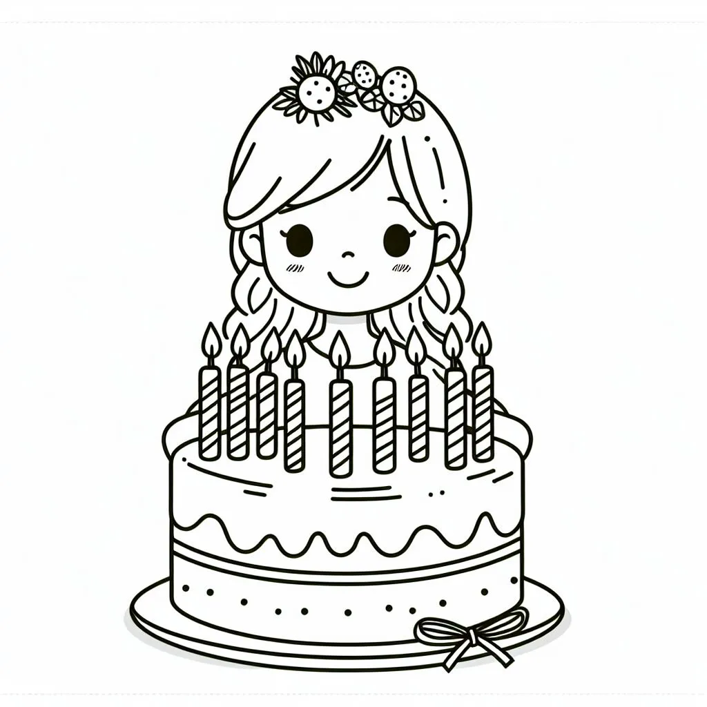 Birthday Cake with Candles and Girl 🎂🕯️👧 Coloring Page