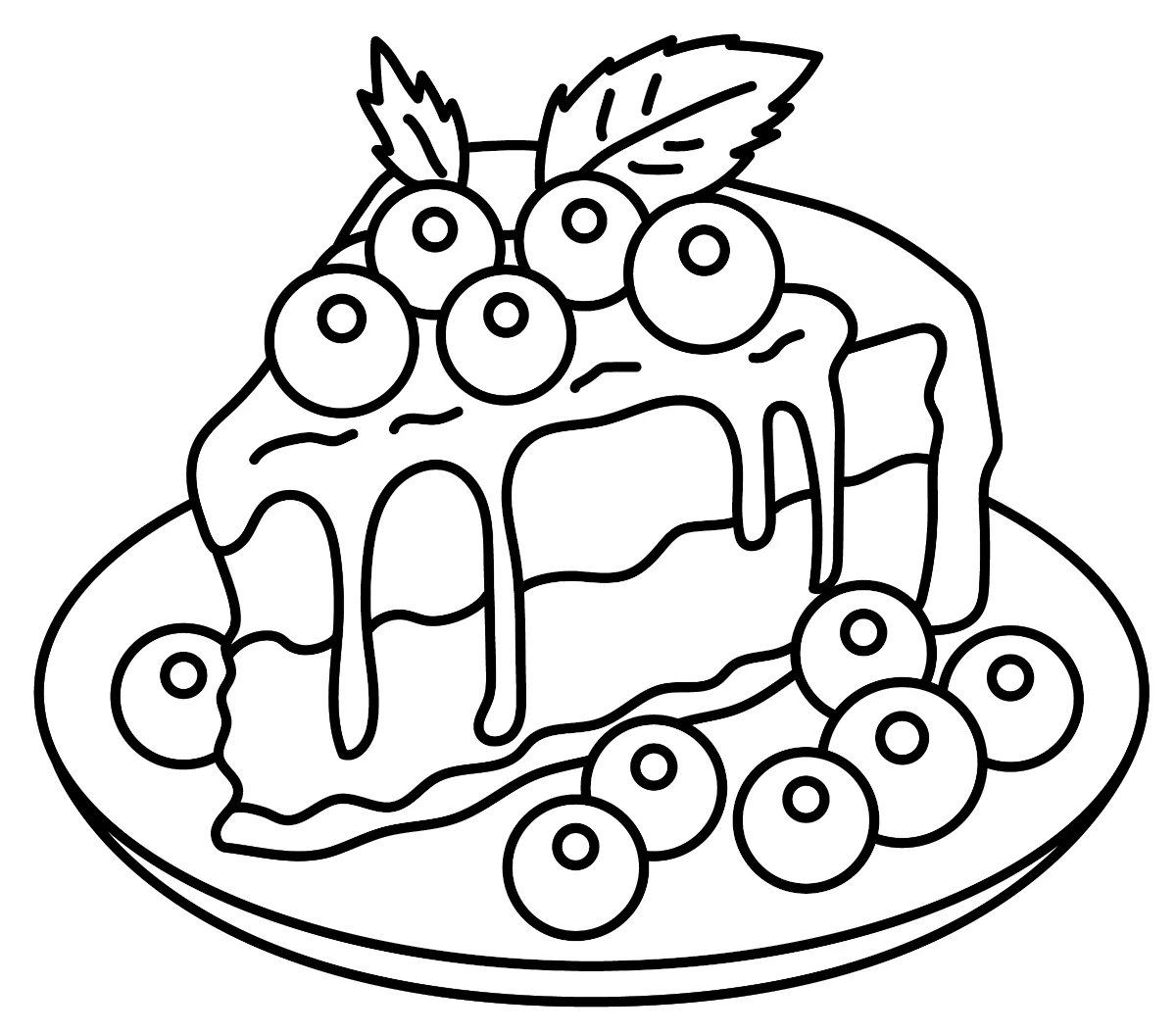 Slice of Cake Topped with Dripping Frosting, Fresh Berries, and a Leaf Garnish on a Plate 🍰🎂🍴 Coloring Page