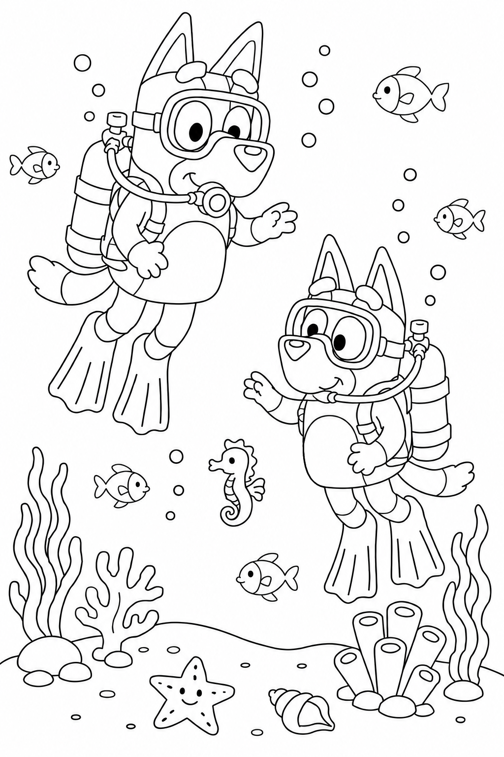 Bluey and Bingo Underwater Scuba Adventure 🌊🐠🤿 Coloring Page