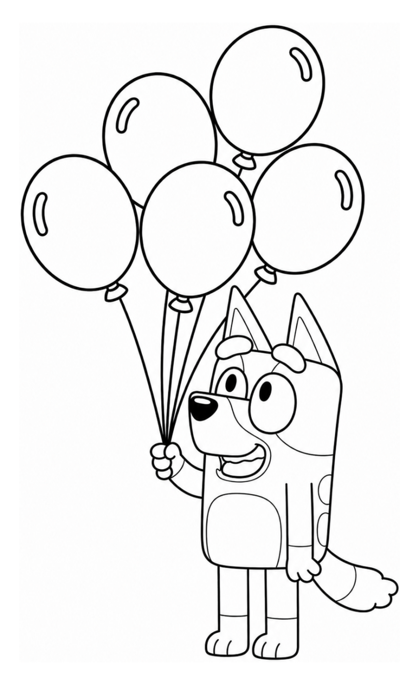 Bluey the Dog Holding Balloons for a Birthday Party 🎈🐶🎉 Coloring Page