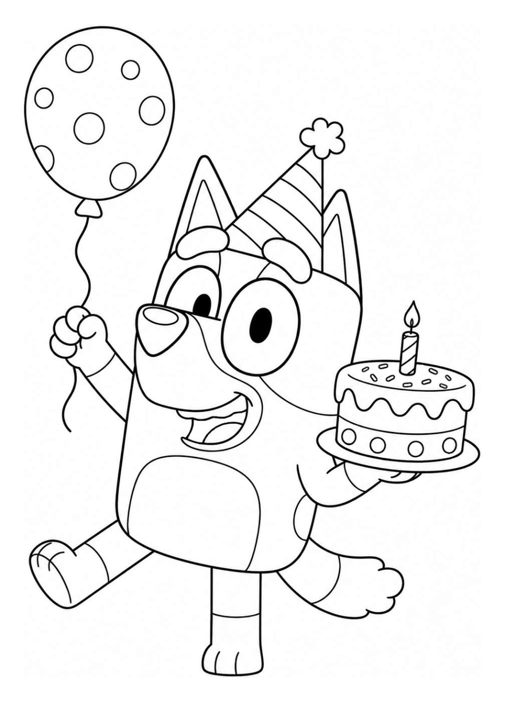 Bluey with Party Hat, Balloon and Birthday Cake 🎈🎂🎉 Coloring Page