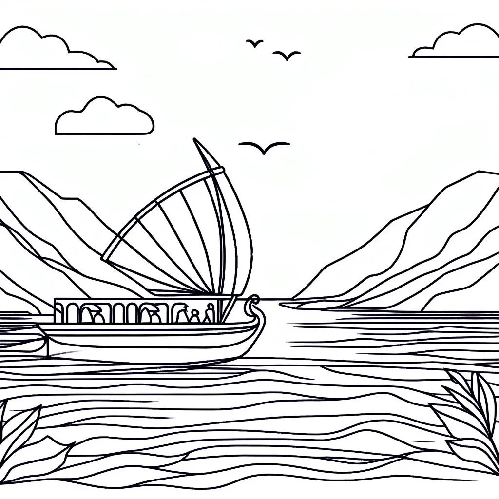 Boat on Nile River in Ancient Egypt ⛵🏞️ Coloring Page
